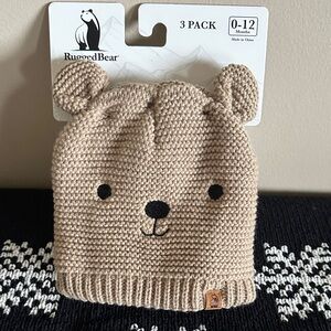 Rugged Bear Infant Baby Hat Teddy Bear 🧸 Set of 3 Brown Gray Ivory New!